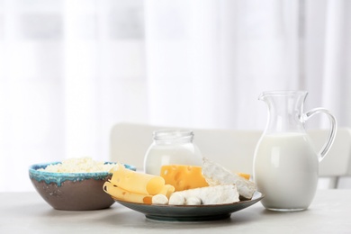 Different dairy products on table