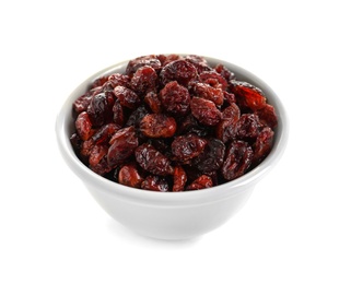 Photo of Bowl with cranberries on white background. Dried fruit as healthy snack