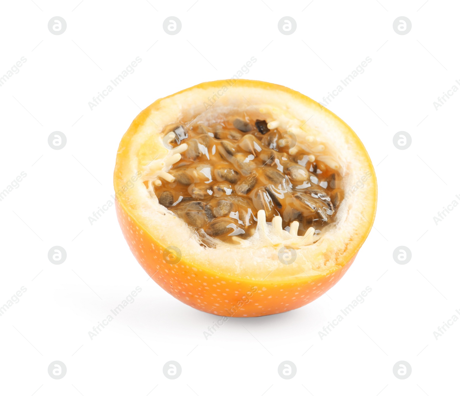 Photo of Half of delicious yellow granadilla isolated on white