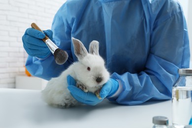 Photo of Scientist with rabbit and makeup brush in chemical laboratory, closeup. Animal testing