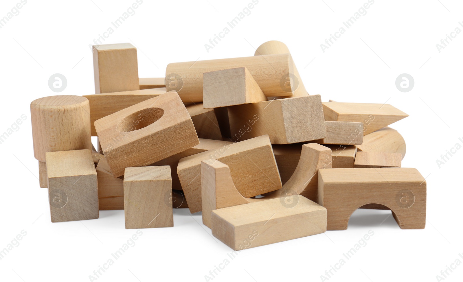Photo of Heap of wooden blocks isolated on white. Children's toys