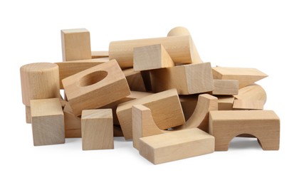 Heap of wooden blocks isolated on white. Children's toys