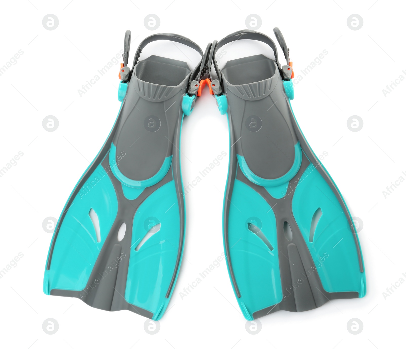 Photo of Pair of turquoise flippers on white background, top view