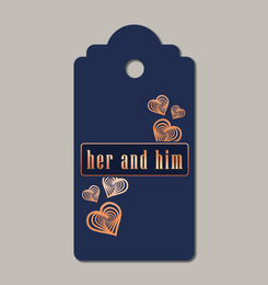Illustration of Wedding Her and Him tag on grey background, top view