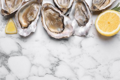 Photo of Fresh oysters with lemon and rosemary on white marble table, flat lay. Space for text