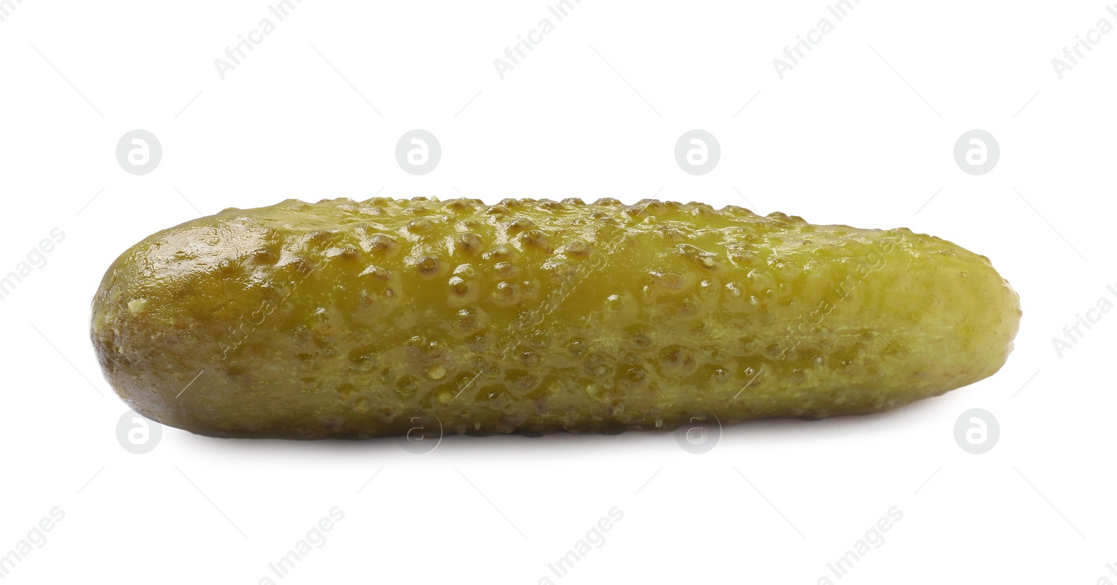 Photo of One tasty pickled cucumber isolated on white