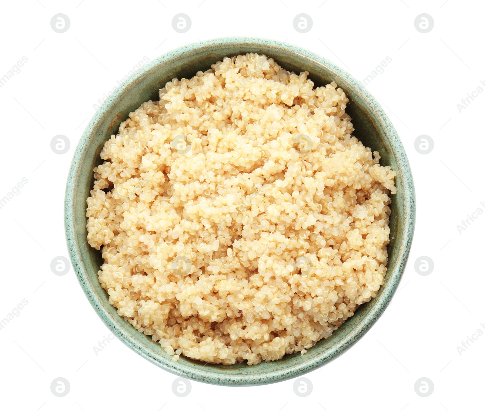 Photo of Cooked delicious quinoa in bowl isolated on white, top view