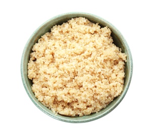 Cooked delicious quinoa in bowl isolated on white, top view