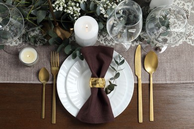 Photo of Stylish elegant table setting for festive dinner, flat lay