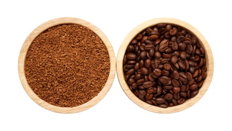 Photo of Bowls with instant coffee and roasted beans on white background, top view