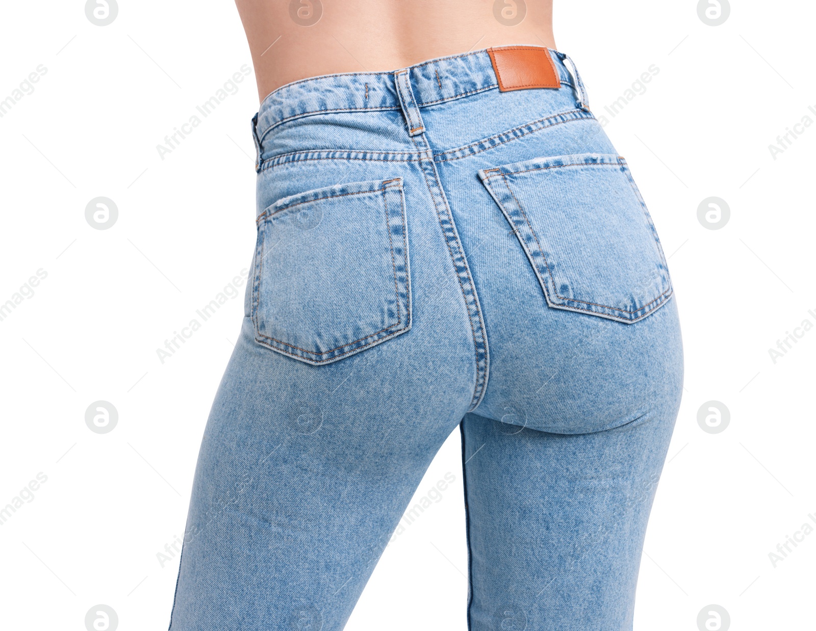 Photo of Woman in stylish jeans on white background, closeup. Space for text