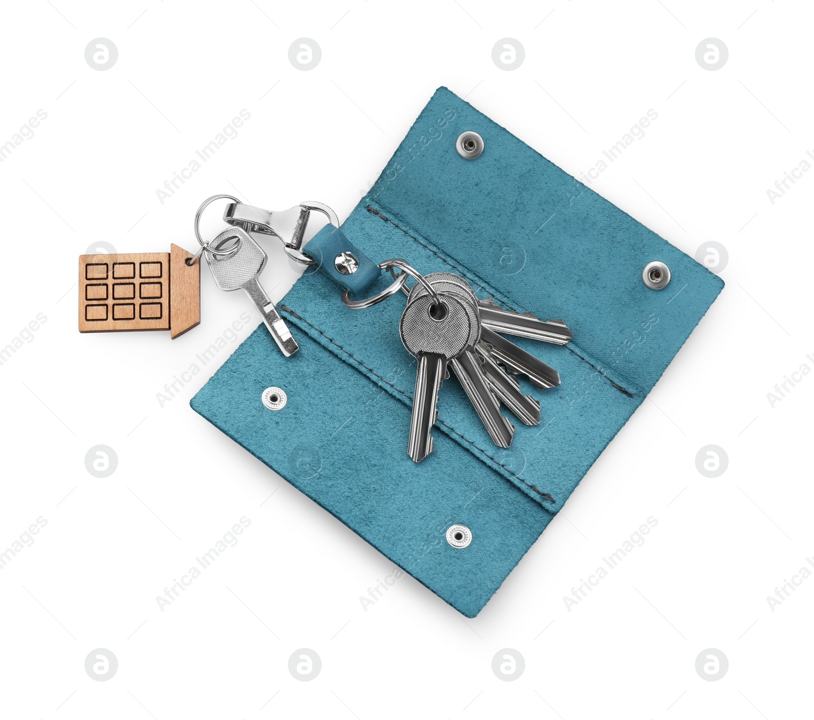 Photo of Stylish leather holder with keys isolated on white, top view