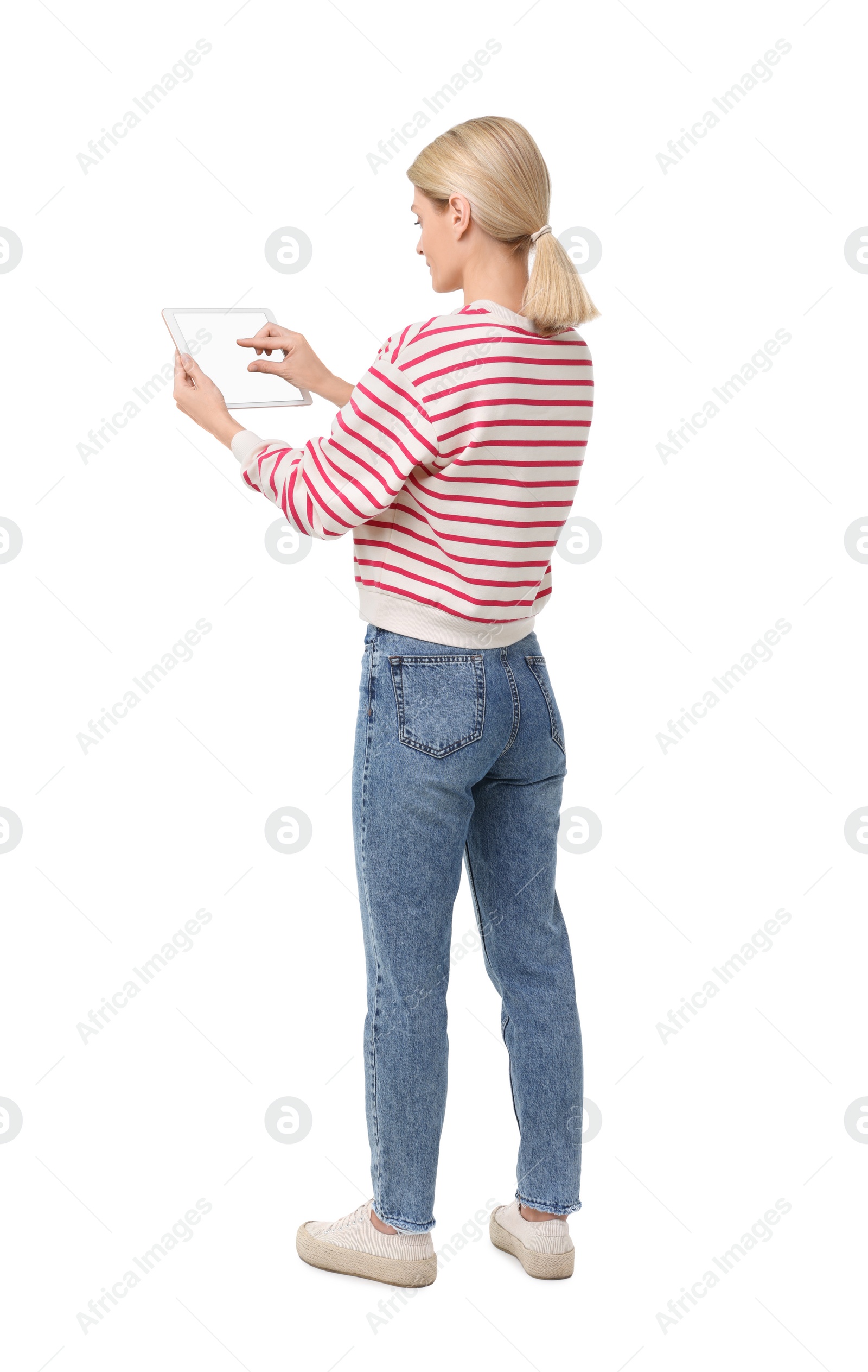 Photo of Woman using tablet with blank screen on white background