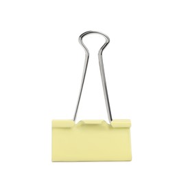 Photo of Yellow binder clip isolated on white. Stationery item