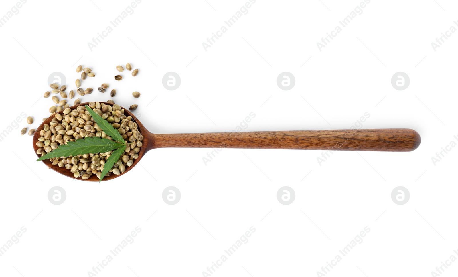 Photo of Spoon with hemp seeds and green leaf on white background, top view