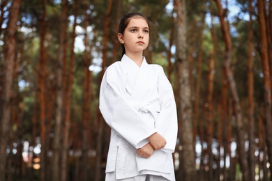 Photo of Cute little girl in kimono in forest. Karate practicing