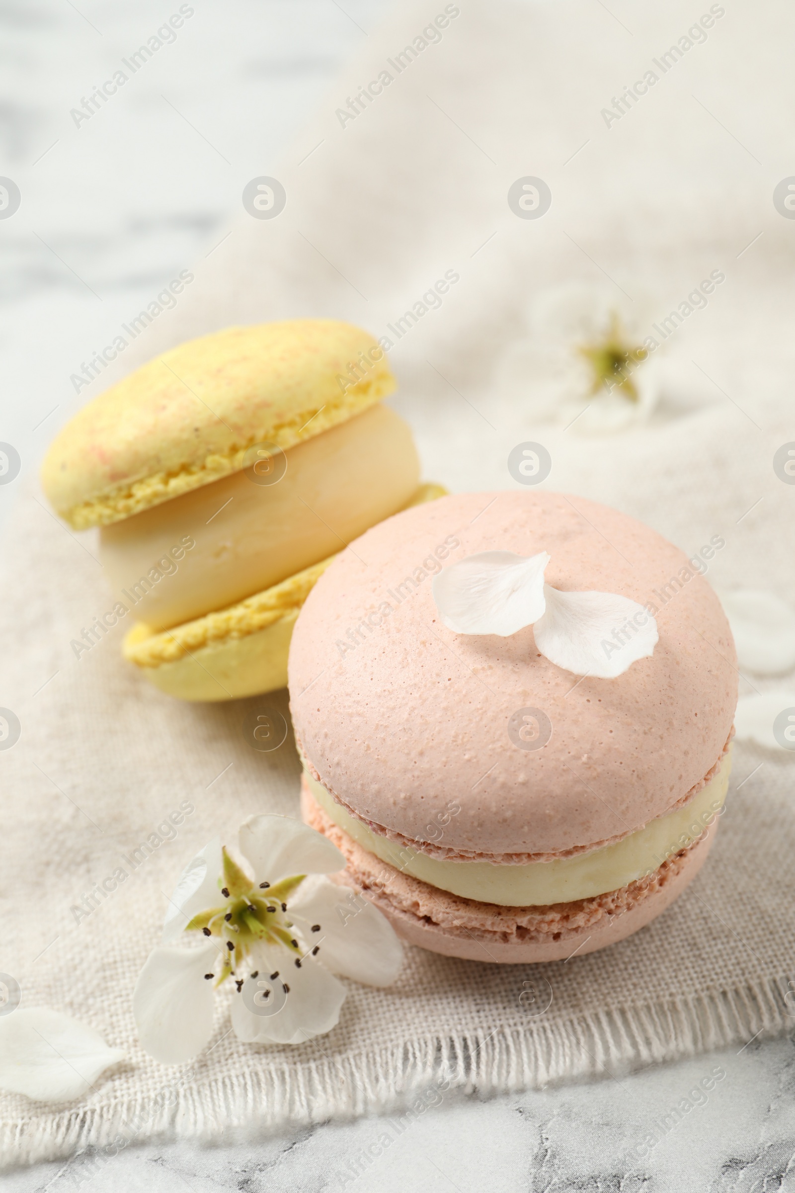 Photo of Delicious colorful macarons and flowers on white marble table