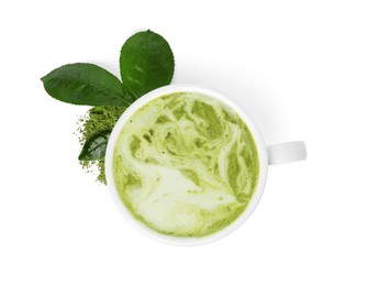 Photo of Cup of fresh matcha latte, green powder and leaves on white background, top view