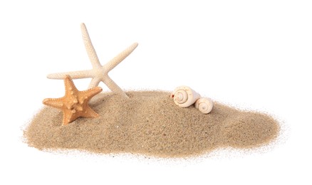 Beautiful sea stars, shells and sand isolated on white