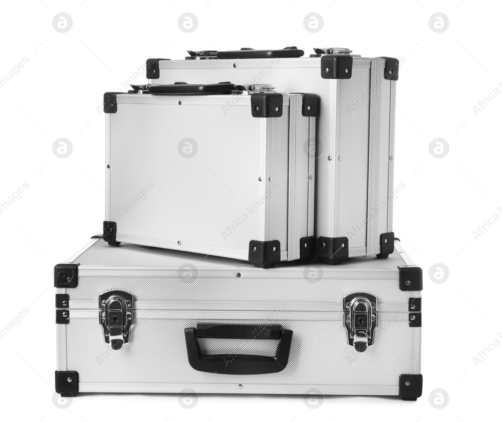 Photo of Set of aluminum hard cases on white background