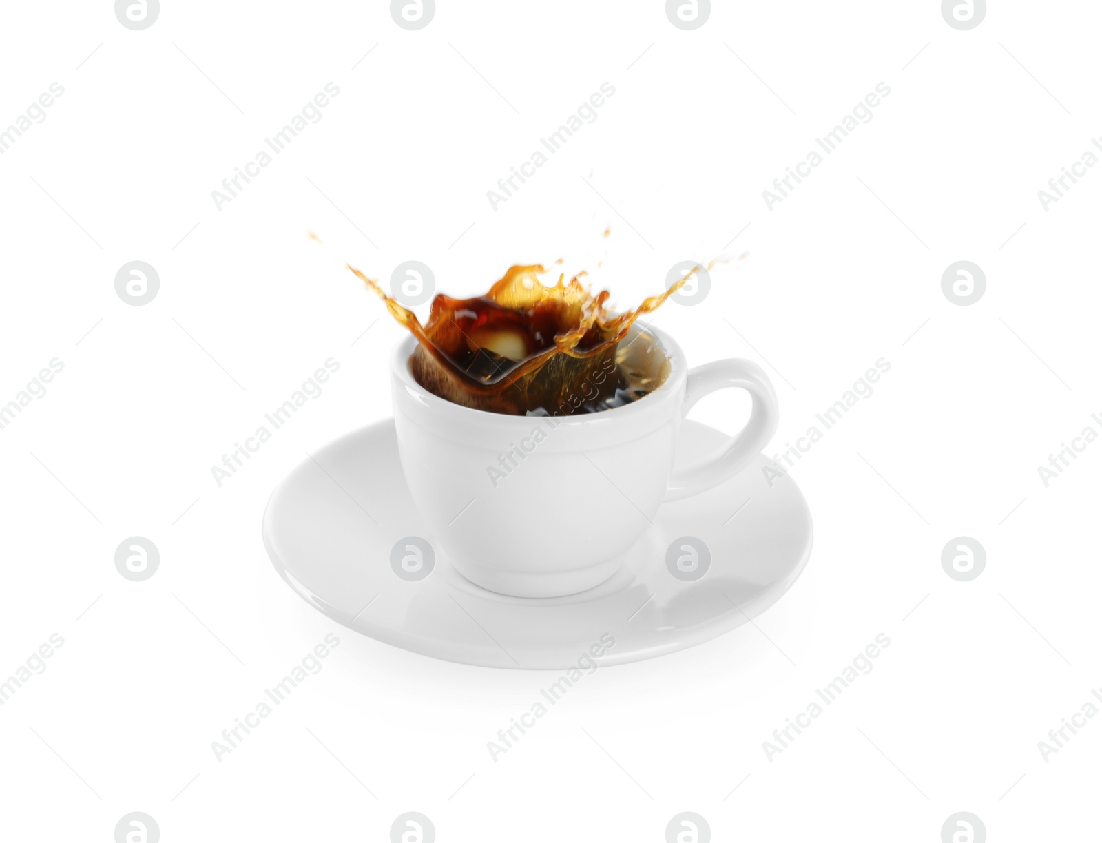 Photo of Coffee splashing out of cup on white background