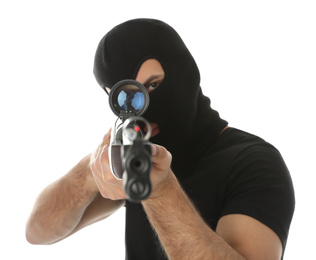 Photo of Professional killer with sniper rifle on white background