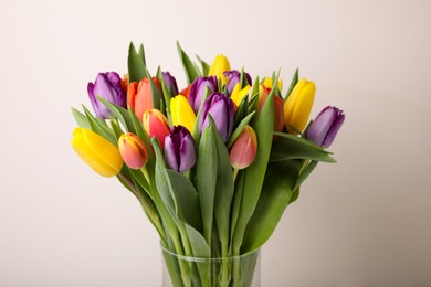 Bouquet of colorful tulips on white background, closeup