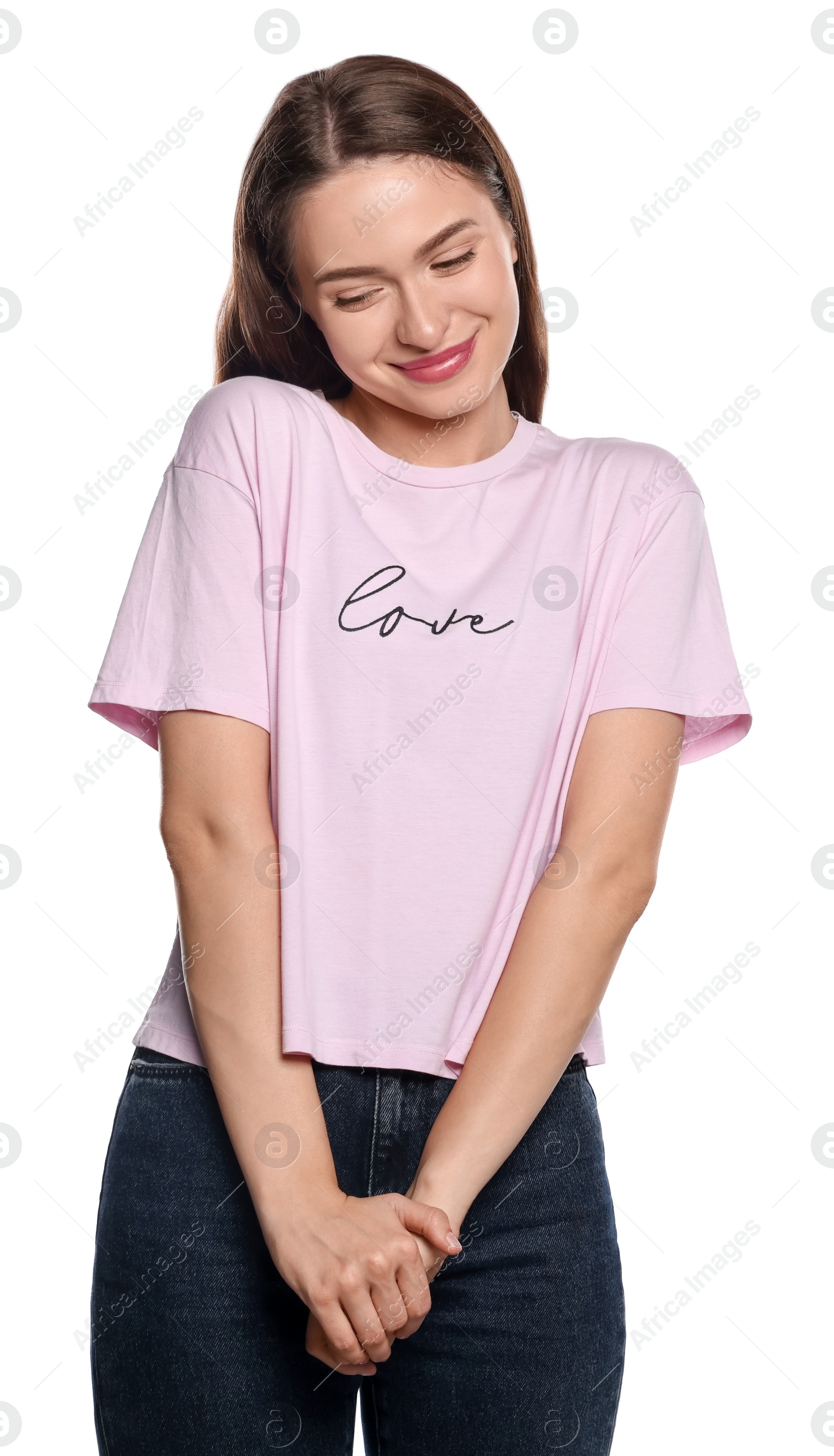 Photo of Embarrassed young woman in shirt on white background