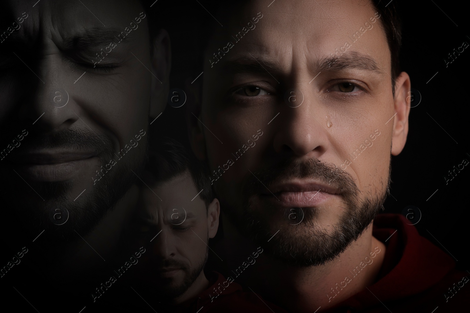 Image of Man suffering from mental illness on black background. Dissociative identity disorder