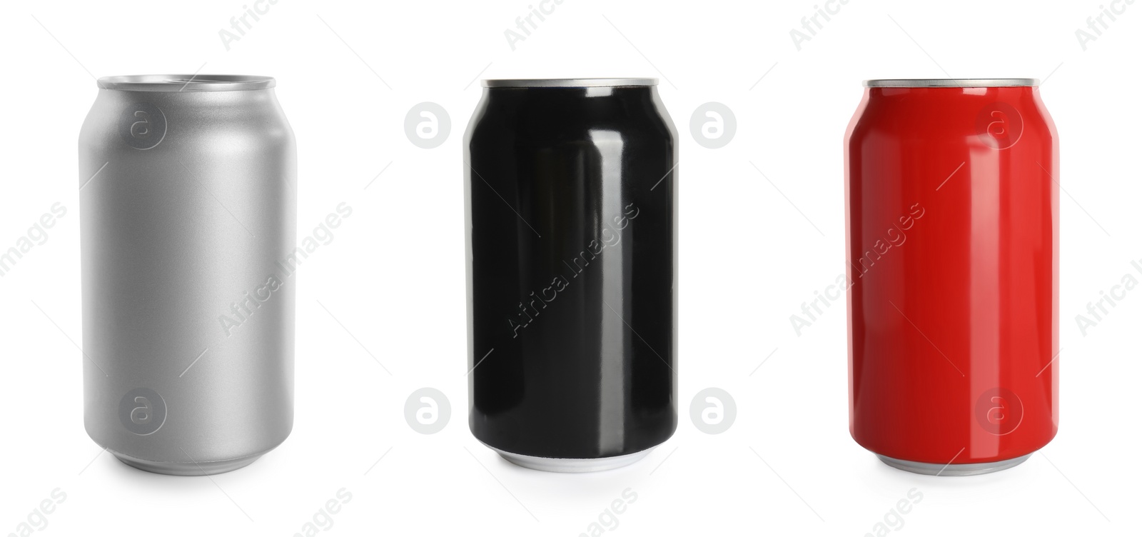 Image of Set with different colorful aluminium cans of beverage on white background. Banner design