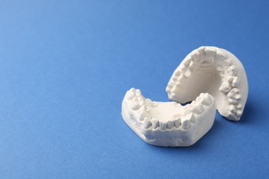 Photo of Dental model with gums on blue background, space for text. Cast of teeth
