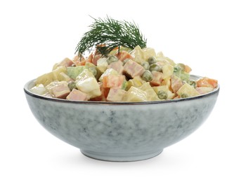 Photo of Delicious russian salad Olivier on white background