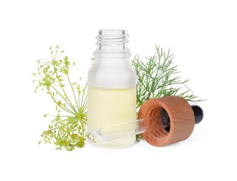 Bottle of essential oil, pipette and fresh dill isolated on white