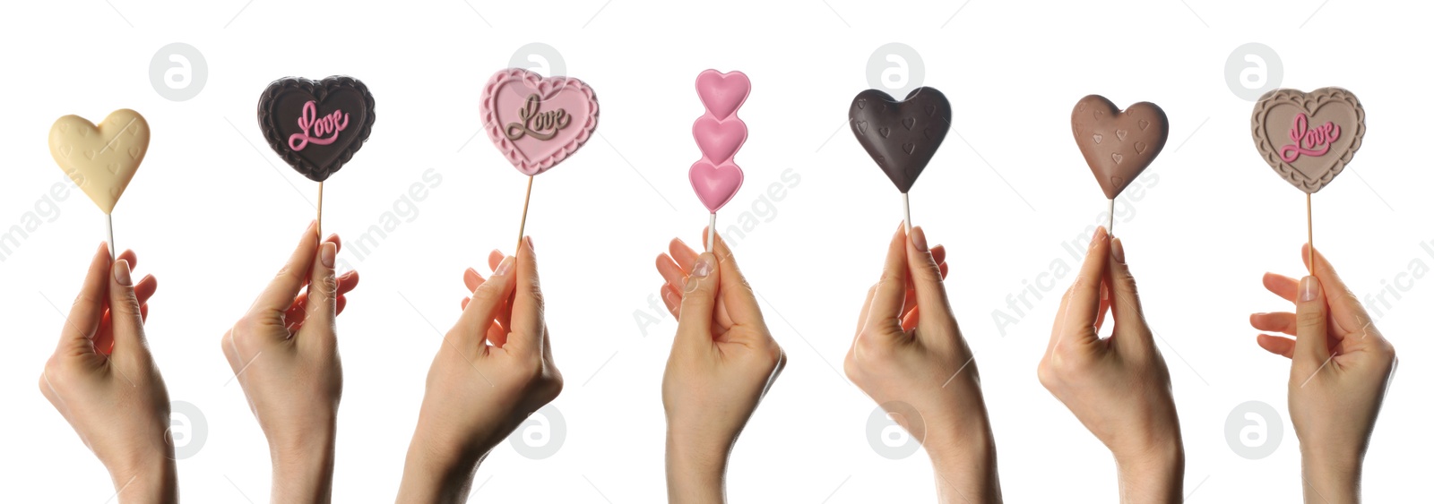 Image of Women holding heart shaped lollipops made of chocolate on white background, closeup. Collage