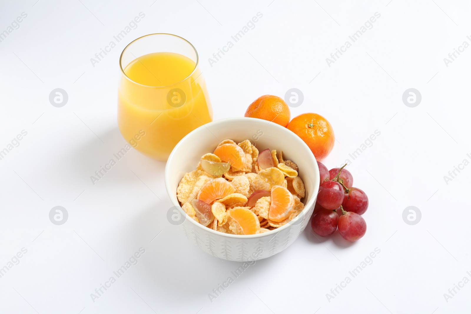 Photo of Healthy breakfast and juice on white background