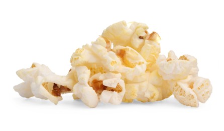 Photo of Fresh popcorn isolated on white. Tasty snack