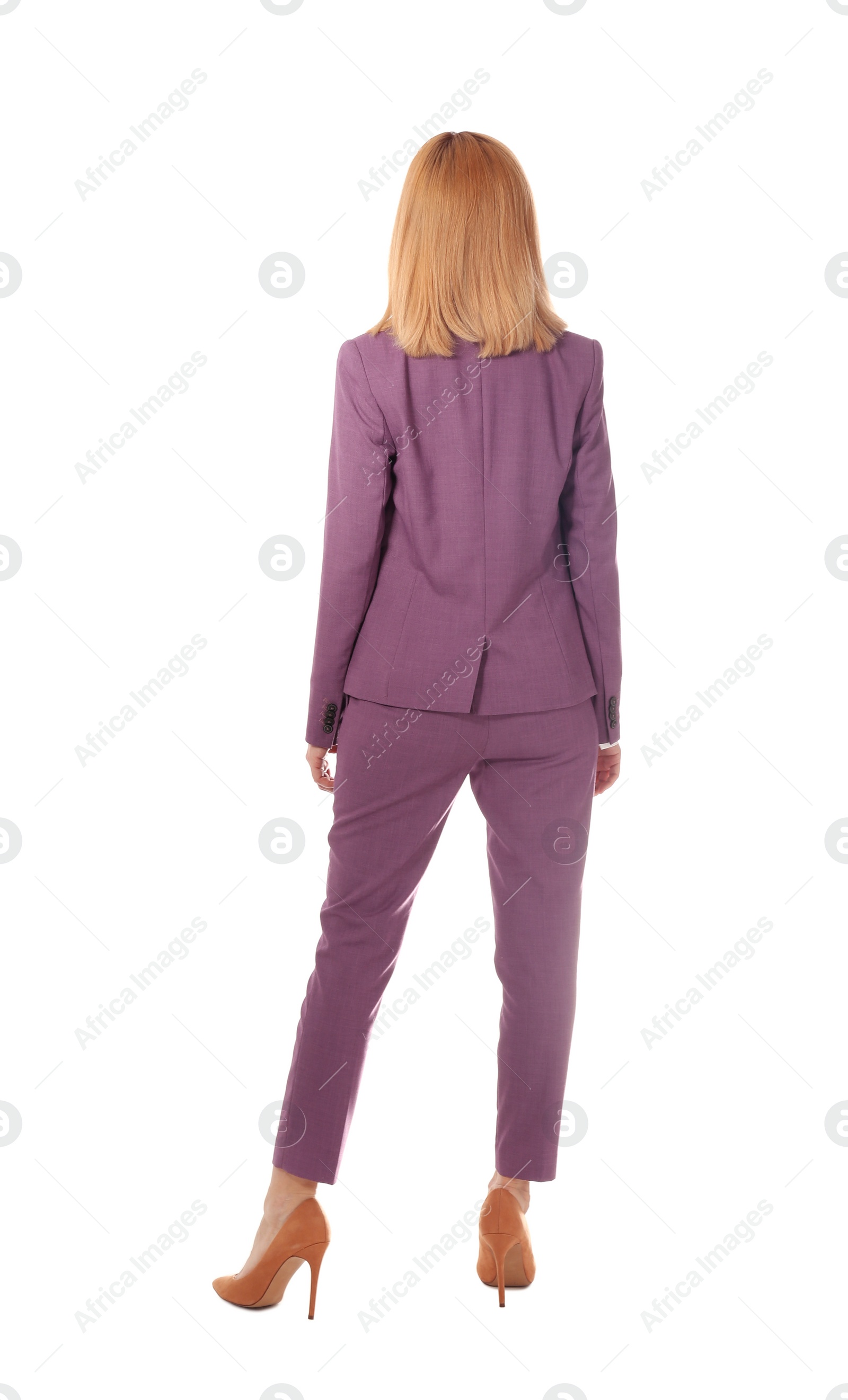 Photo of Businesswoman in stylish suit posing on white background