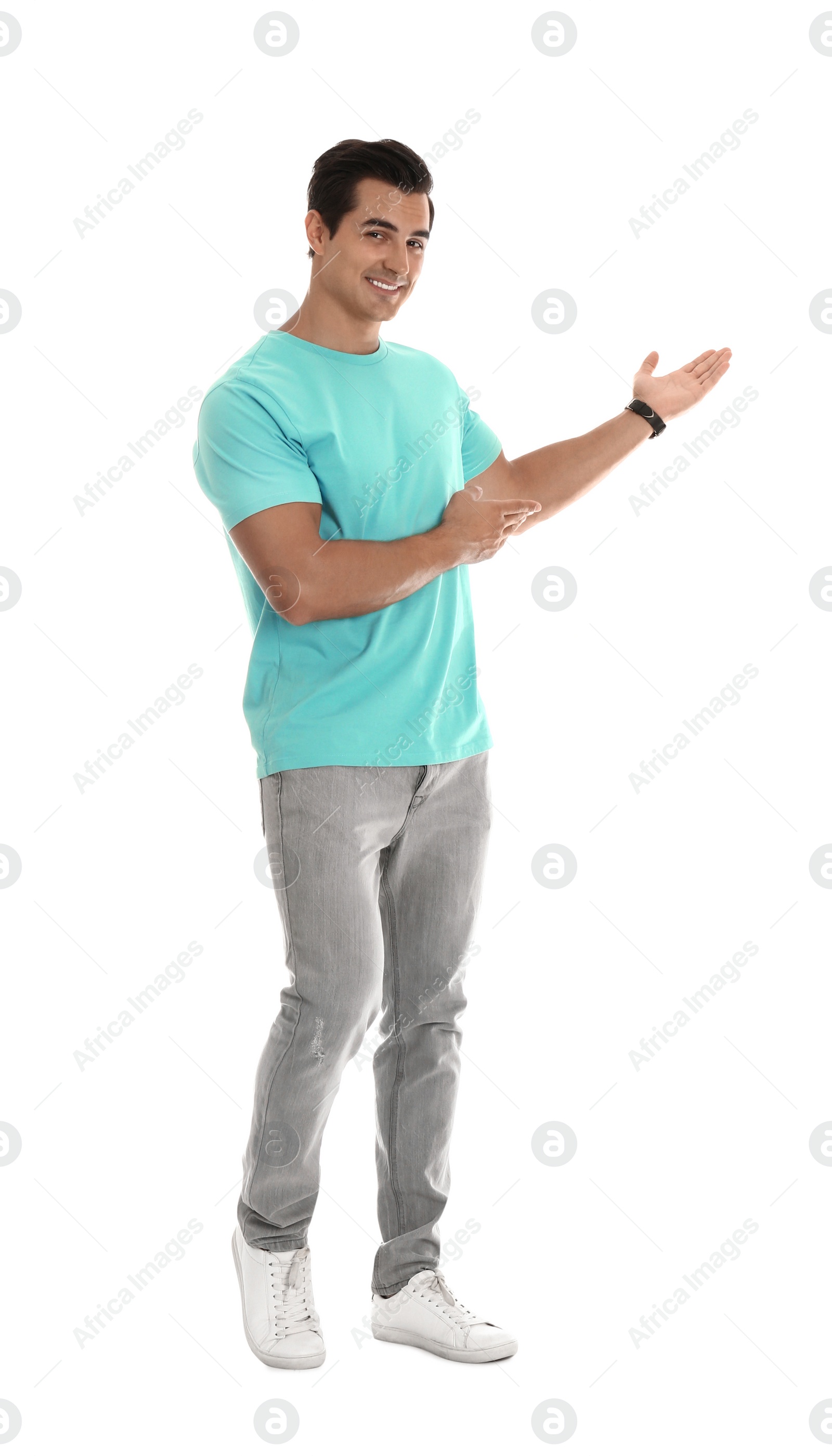 Photo of Professional business trainer pointing on something, white background