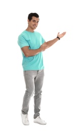 Photo of Professional business trainer pointing on something, white background