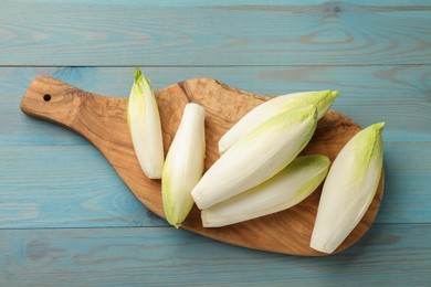 Photo of Fresh raw Belgian endives (chicory) on light blue wooden table, top view