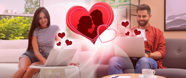 Man and woman chatting on dating site indoors, banner design. Hearts and silhouette of couple between them