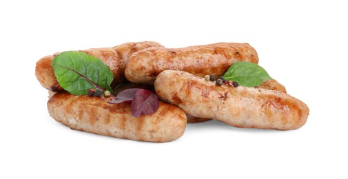 Photo of Tasty grilled sausages with spices isolated on white