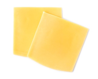 Photo of Slices of cheese for burger isolated on white, top view