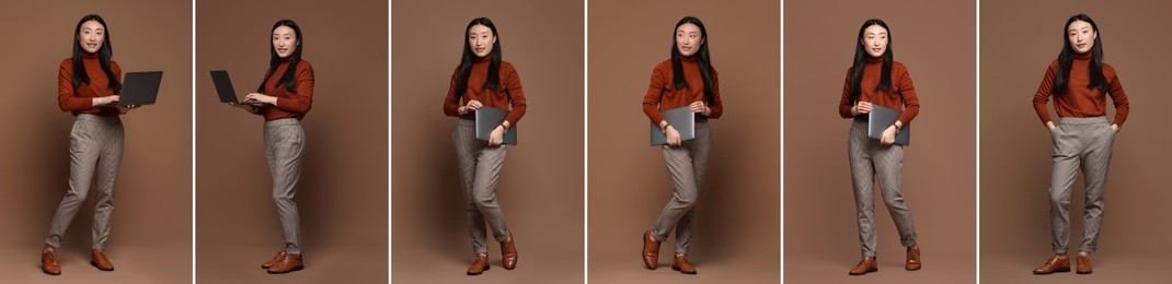 Image of Full length portrait of Asian woman with laptop on brown background, set with photos