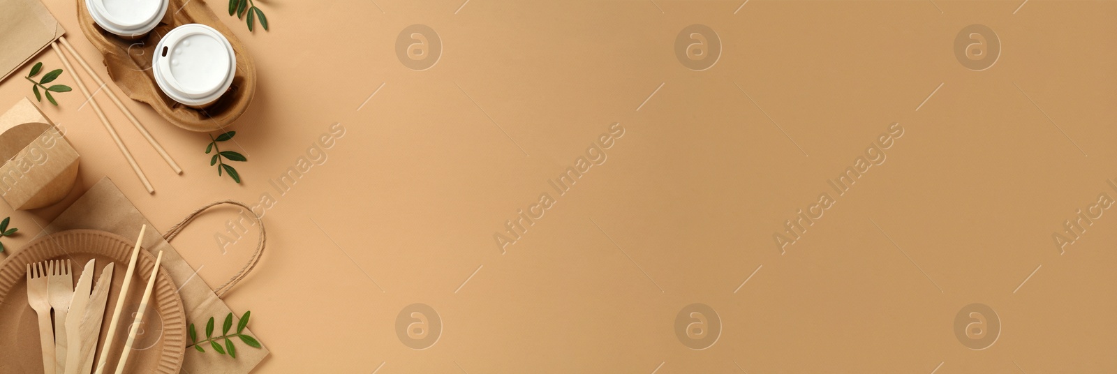 Image of Eco friendly products on beige background, flat lay with space for text. Banner design