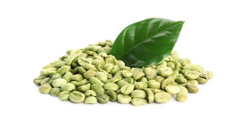 Photo of Green coffee beans and fresh leaf on white background