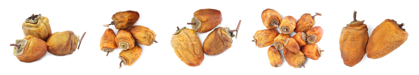 Set with tasty dried persimmon fruits on white background. Banner design