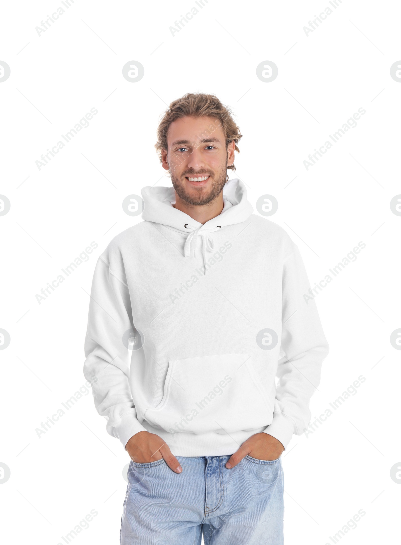 Photo of Portrait of man in hoodie sweater on white background. Space for design