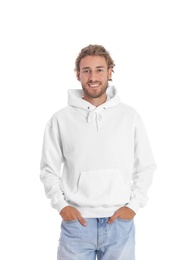 Photo of Portrait of man in hoodie sweater on white background. Space for design