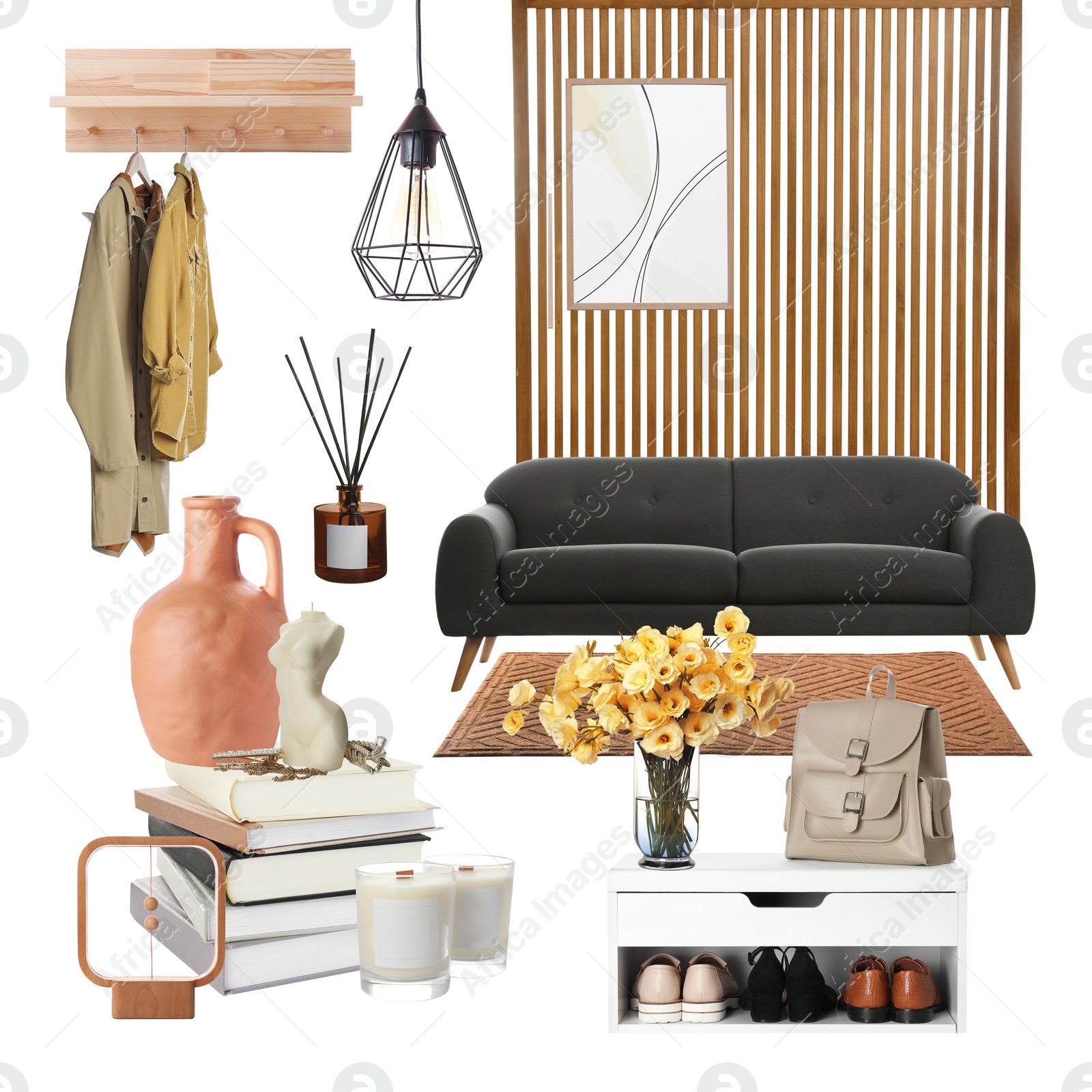 Image of Stylish hall interior with different decorative elements and furniture on white background. Mood board collage